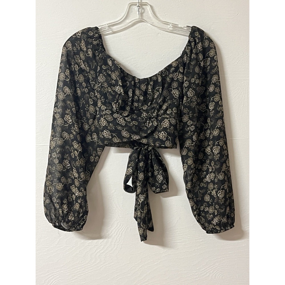 Japna Dark Floral Women's Crop Top Tie Back Long Sleeve Boho Festival Small